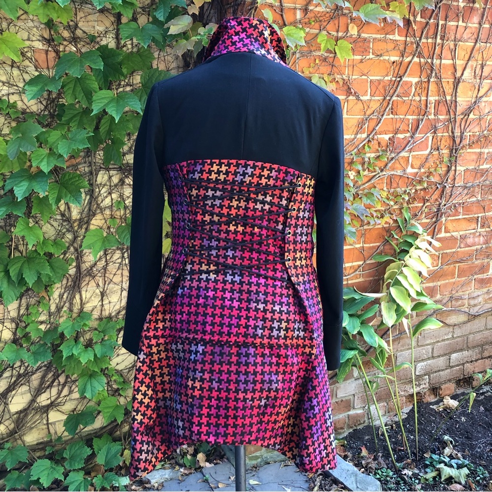Apres Dusk Jacket Upcycled Wool Button Lace Up Corset Coat Rainbow Houndstooth